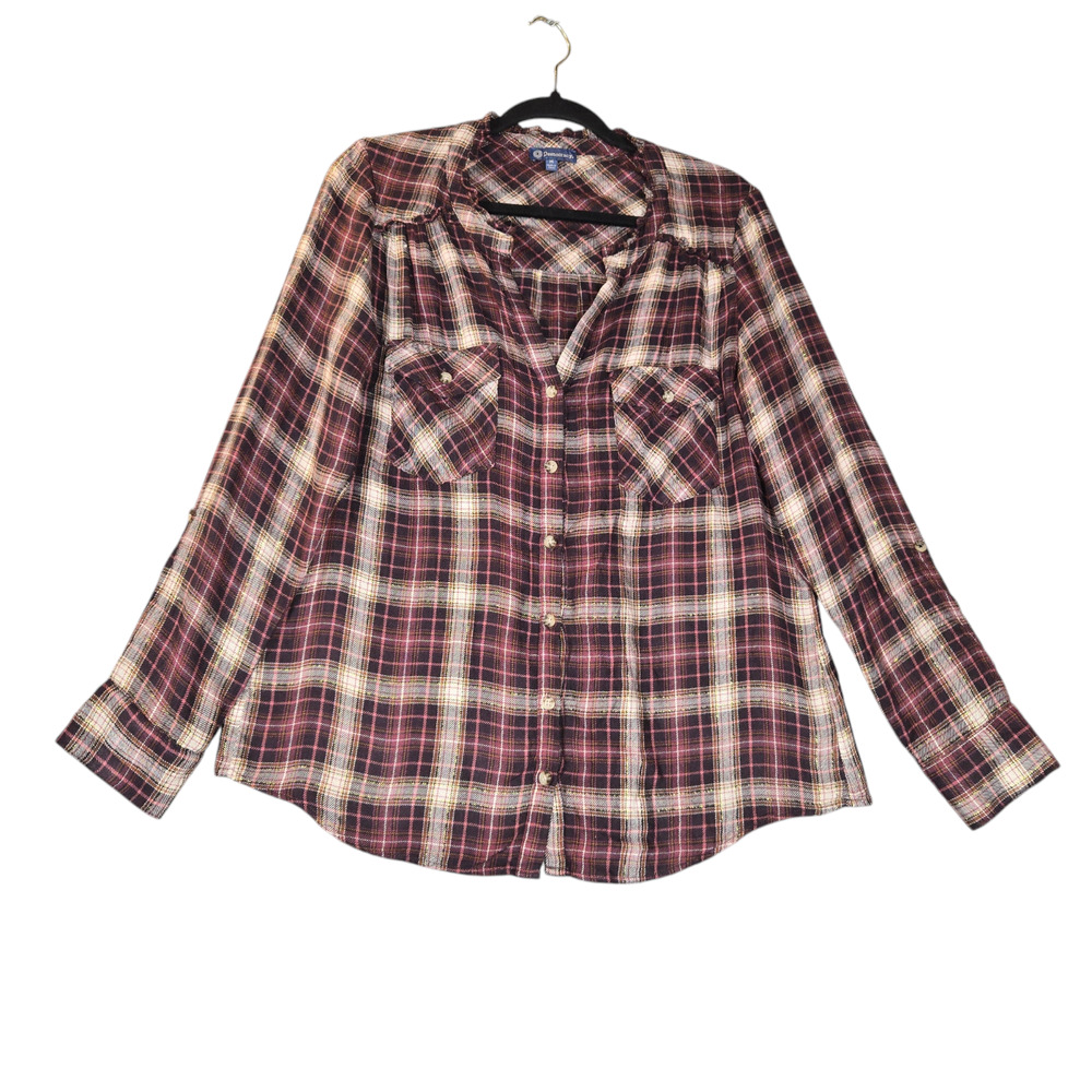 Democracy Womens Medium Button Up Shirt Plaid Burgundy Gold Ruffle‎ Neck Western